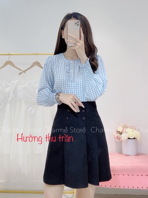 Chân váy xếp li phối cúc dáng ngắn trẻ trung, chân váy công sở trên gối, 6 li 2 hàng cúc nhỡ dài 50cm