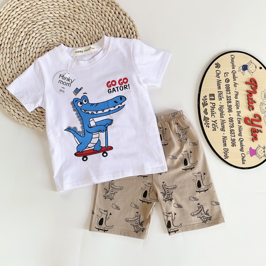 Bộ Cộc Tay Cotton 100% Hàng Minky Mom In Họa Tiết Khủng Long Xanh-Cần Cẩu (8-18kg) (SP001412)