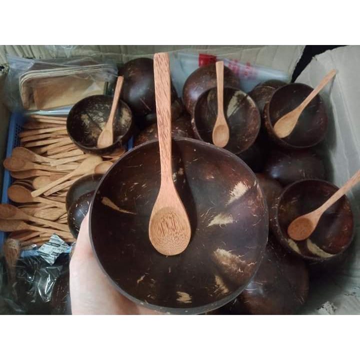 Combo Bát chén gáo dừa và muỗng dùng để ăn sữa chua salad ngũ cốc granola