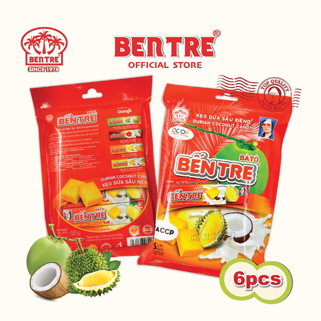 Kẹo dừa Bến Tre Cô Hai Tỏ vị Sầu riêng - Túi 6 Thanh, 1 Thanh 10 viên, ăn vặt thơm ngon bổ dưỡng