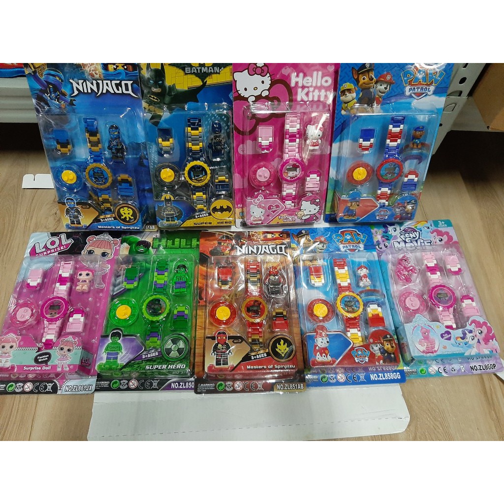 Đồng hồ điện tử lắp ráp Hello Kitty,Ninijago,Chó Cứu Hộ,Batman,Ngựa Pony,Bé Lol,Hulk