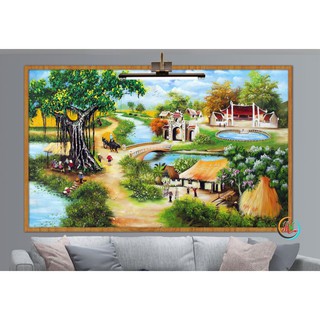 Tranh dán tường 3D - phong cảnh làng quê - vải lụa kim tuyến - kích thước theo yêu cầu