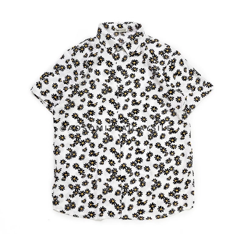 Áo sơ mi Hawaii Nam Nữ Hoa Cúc Nhí trắng/đen fullsize 45-85kg