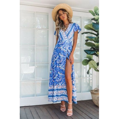 Đầm xẻ tà ngắn tay phối hoa văn Vintage cho nữ