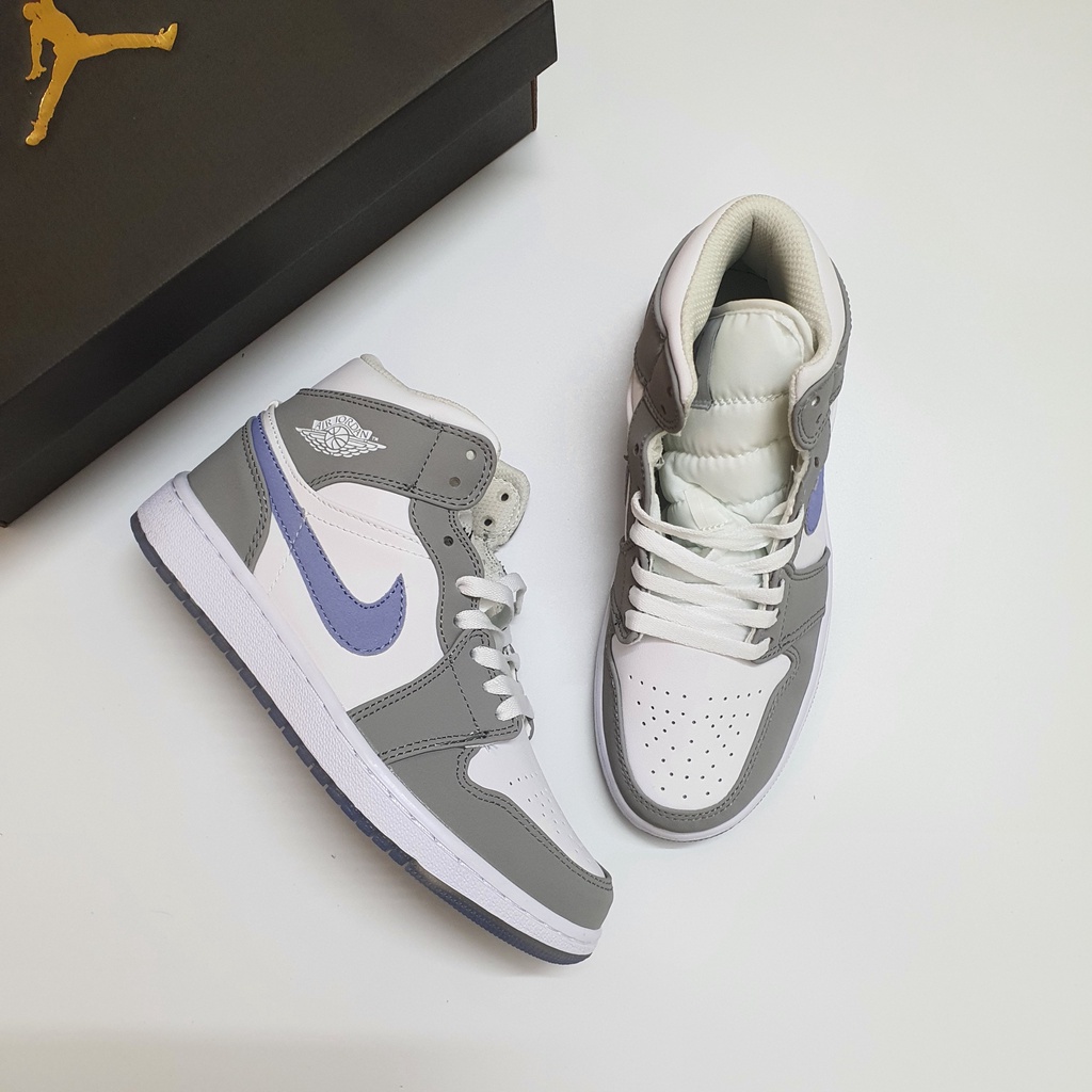 Giày Jordan 1 Mid Wolf Grey Xám Xanh Cao Cấp Fullbox, Giày thể thao jordan 1 cổ cao wolf grey xám xanh, da nhăn cực đẹp