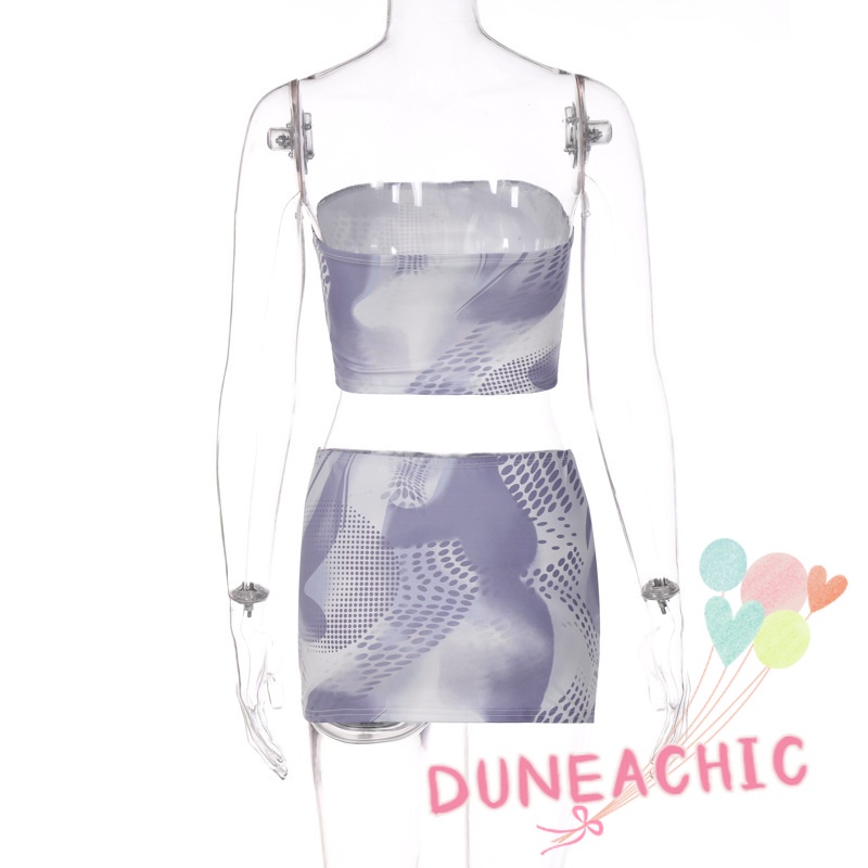 DUNEA Bộ Áo Ống In Họa Tiết + Chân Váy Mini 2 Mảnh Gợi Cảm Cho Nữ
