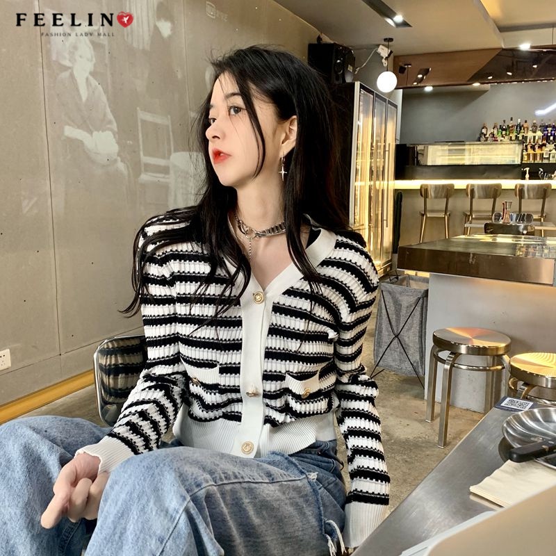 Mùa hè Hàn Quốc áo len dài tay cổ chữ V dệt kim cổ điển với áo khoác cardigan sọc tương phản | BigBuy360 - bigbuy360.vn