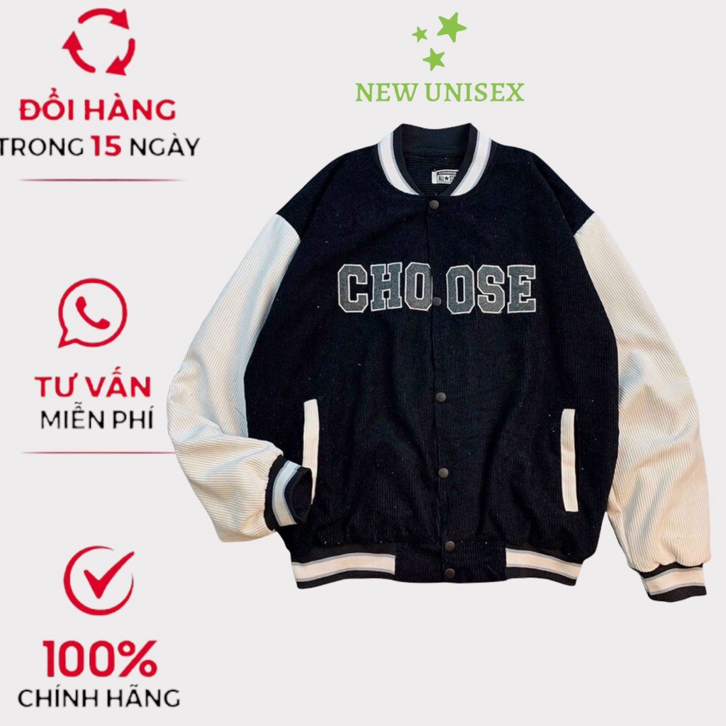 Áo Khoác Nhung Bomber Kiểu Unisex Nam Nữ Thêu Chữ CHOOSE, Chất Liệu Vải Nhung Cao Cấp [NewUnisex]
