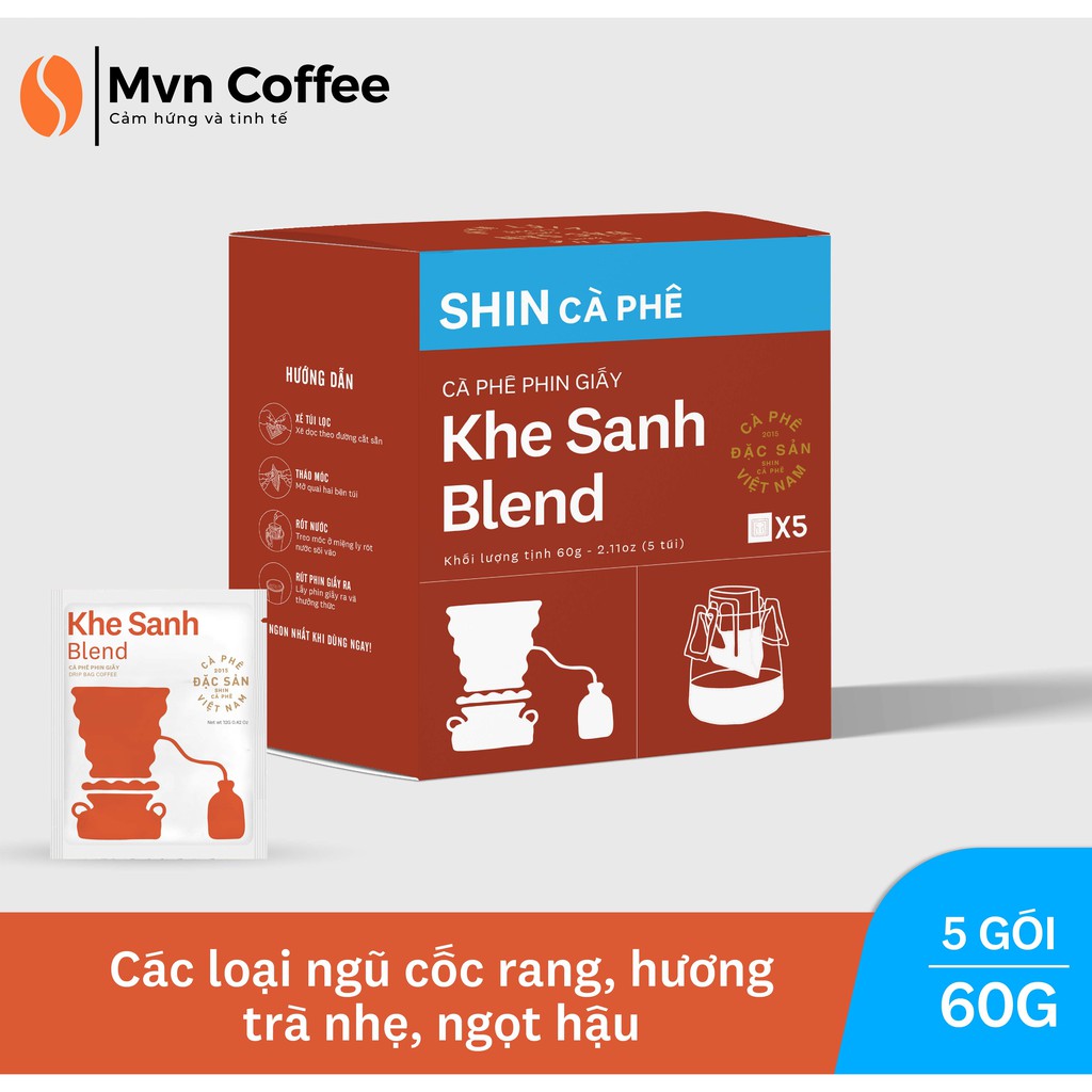 Cà Phê Đặc Sản Phin Giấy tiện lợi - DripBag Khe Sanh Blend (5 gói) 60g - Mvn Coffee