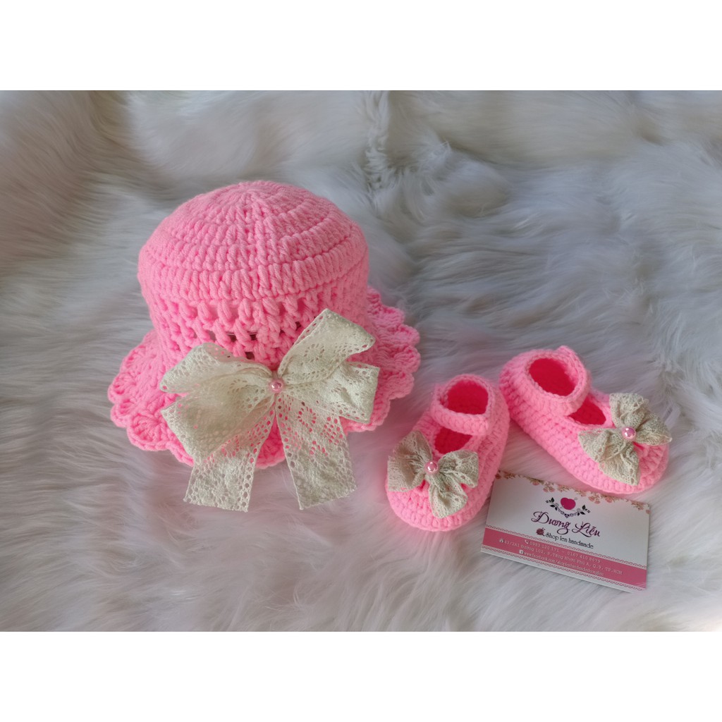 set nón và giày len cho bé gái có đủ size