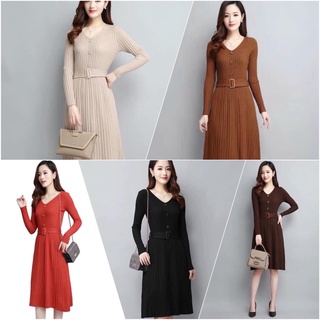 Váy len QC đai eo cổ tim siêu đẹp Sẵn 4 màu tại shop