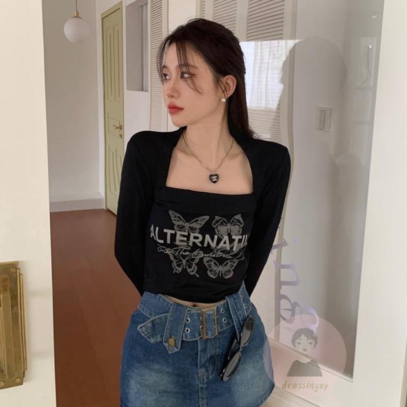 Áo Thun Dài Tay Cổ Vuông In Chữ Và Bướm Thời Trang Cho Nữ