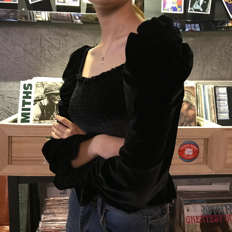 SUXI Áo trễ vai cỡ lớn nhung màu đen cổ vuông thời trang quyến rũ cho nữ