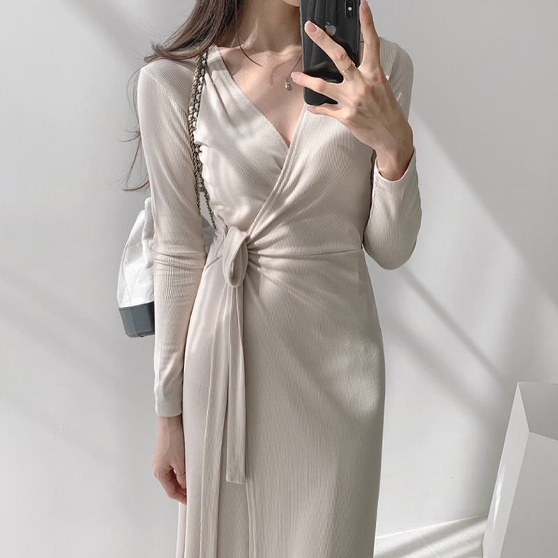 Đầm body cotton dài tay dáng dài đắp vạt xẻ tà tôn dáng nữ