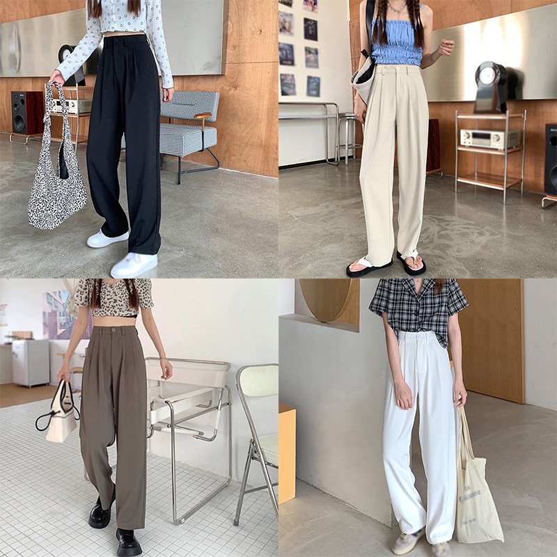 Quần Dài Ống Rộng Lưng Cao Màu Sắc Đơn Giản Thời Trang Phong Cách Hàn Quốc Cho Nữ