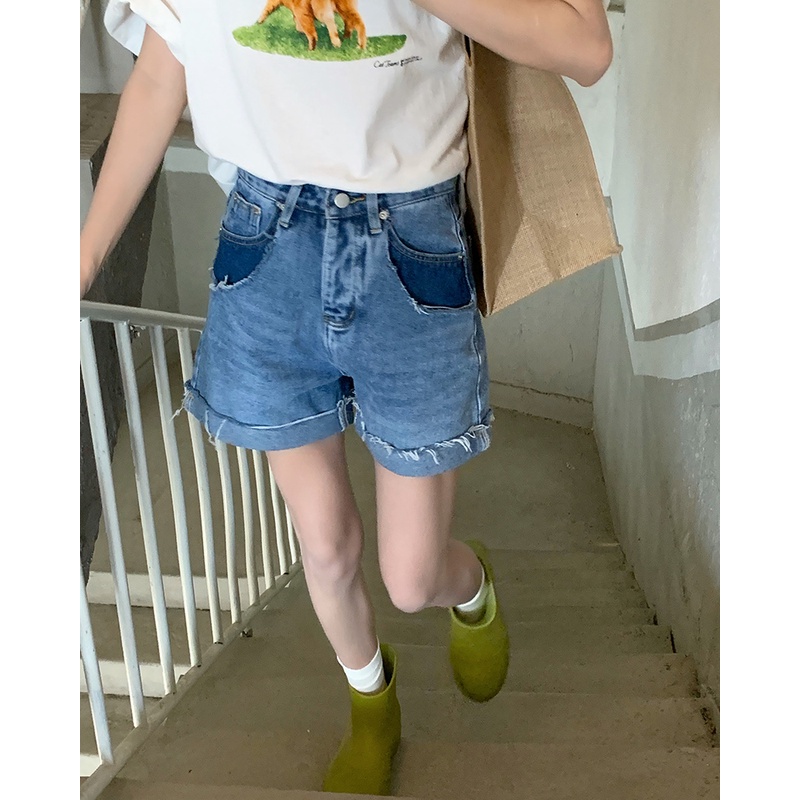 Quần Đùi jeans Lưng Cao Ống Rộng Thời Trang retro Cho Nữ