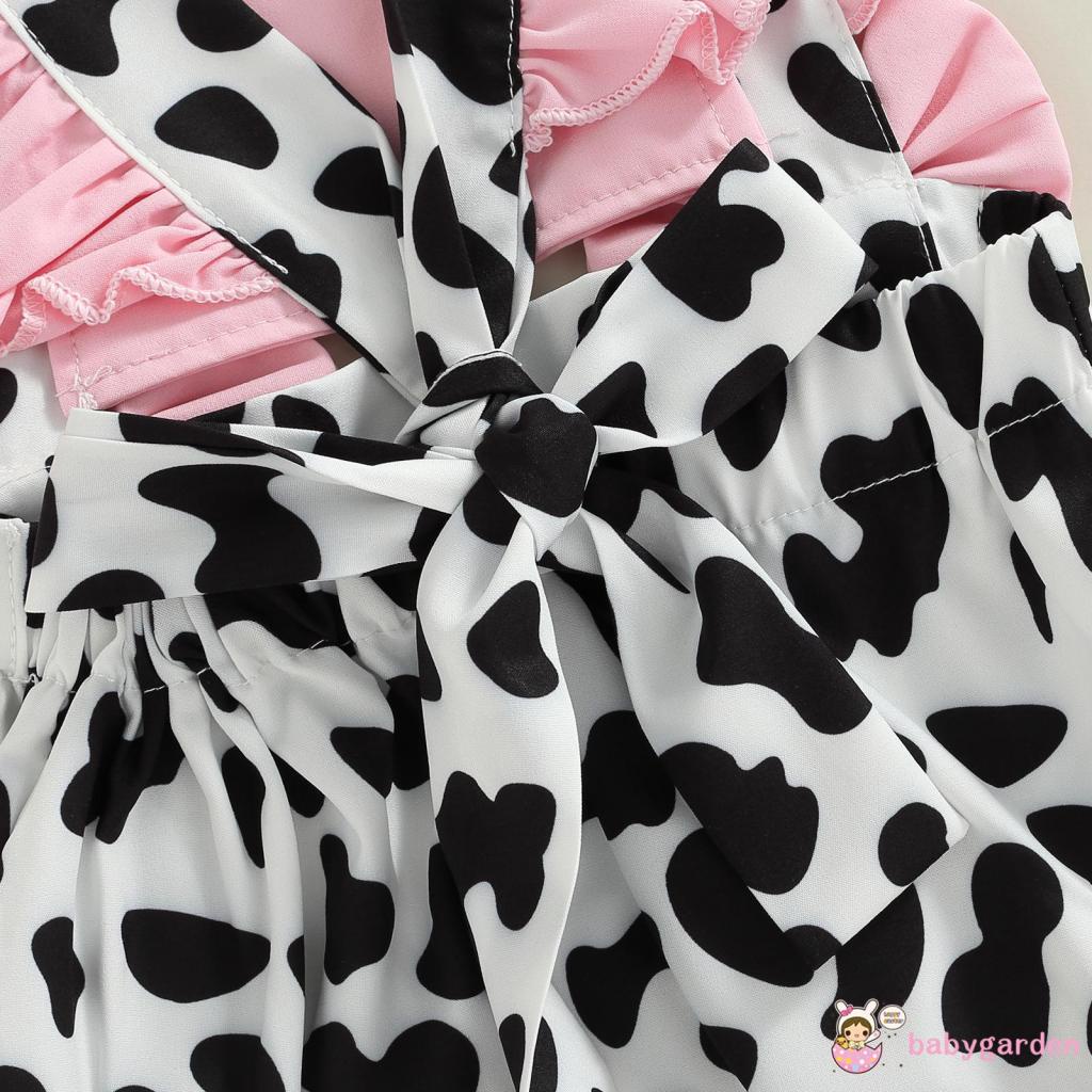 Bộ Áo Liền Quần Tay Cánh Tiên Họa Tiết Bò Sữa + Băng Đô Cài Tóc Thời Trang Mùa Hè Cho Bé Gái 0-24 Tháng Tuổi