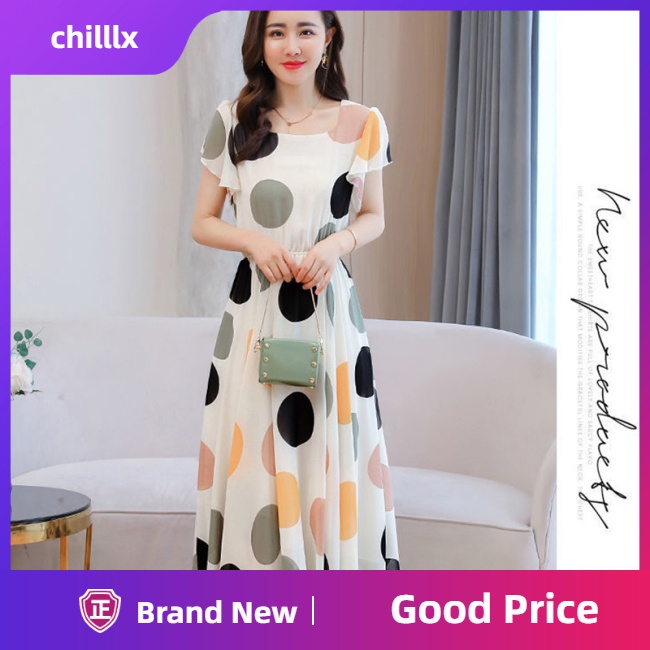 Đầm Chữ A Tay Loe Dài Cổ Tròn In Họa Tiết Chấm Bi Thời Trang Cho Nữ