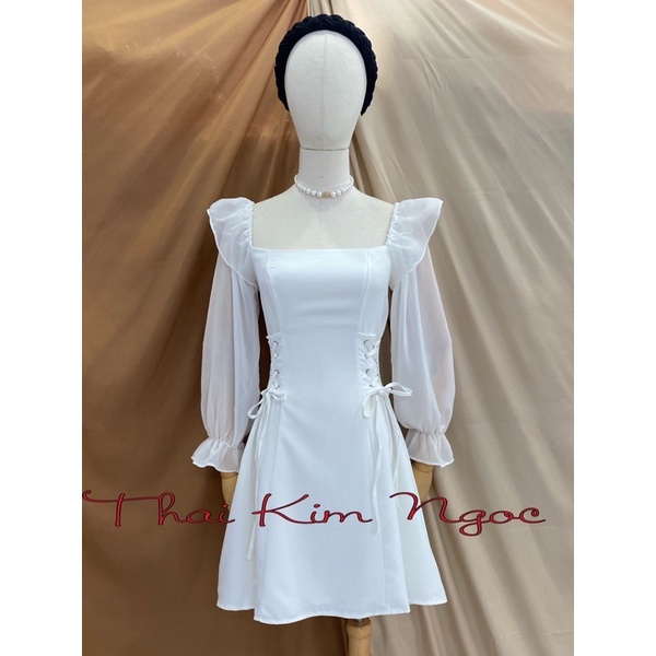 Đầm cổ vuông dài tay đan eo