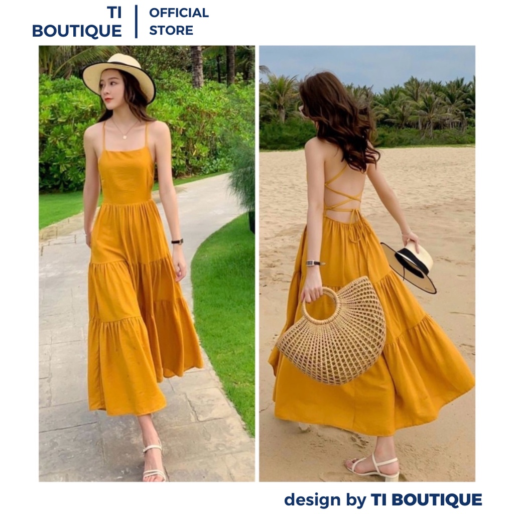 Đầm Váy Nữ Hai Dây Đan Lưng Phóng Khoáng Thoải Mái, Đầm Đi Du Lịch Dáng Maxi 3 Tầng Xòe Sang Chảnh Màu Vàng Tươi Mới
