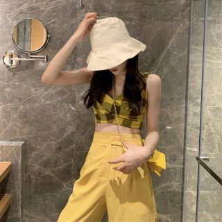 [ORDER] Set áo 2 dây kẻ vàng croptop + quần ống suông rộng màu vàng Ulzzang siêu xinh 😍