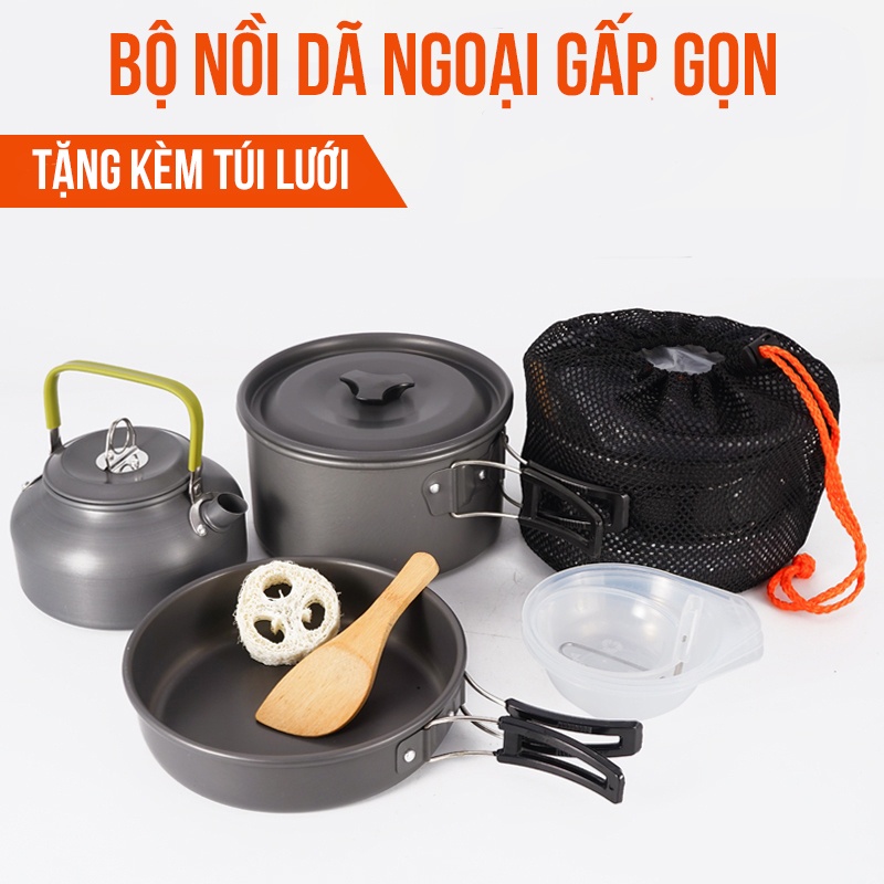 Bộ Nồi Nấu Ăn Dã Ngoại Cắm Trại Gấp Gọn Siêu Nhẹ 10 Món Hợp Kim Nhôm Cao Cấp Dẫn Nhiệt Tốt