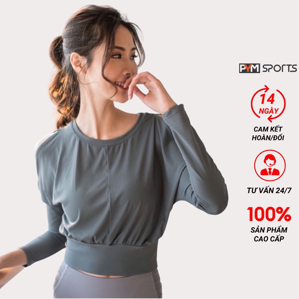 Áo dài tay tập gym - tập yoga nữ dáng croptop bo chun, xẻ vai PYMAT009