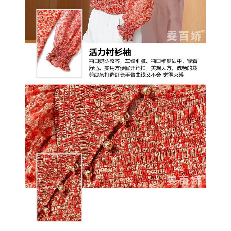 Áo chiffon tay dài họa tiết hoa dáng rộng thời trang thanh lịch cho nữ