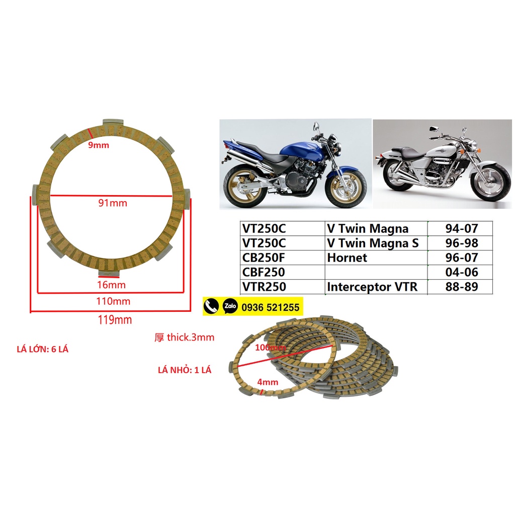 Bộ ly hợp lá bố lá côn Hornet 250 VTR250 CB250F VT250C CBF250 MAGNA250