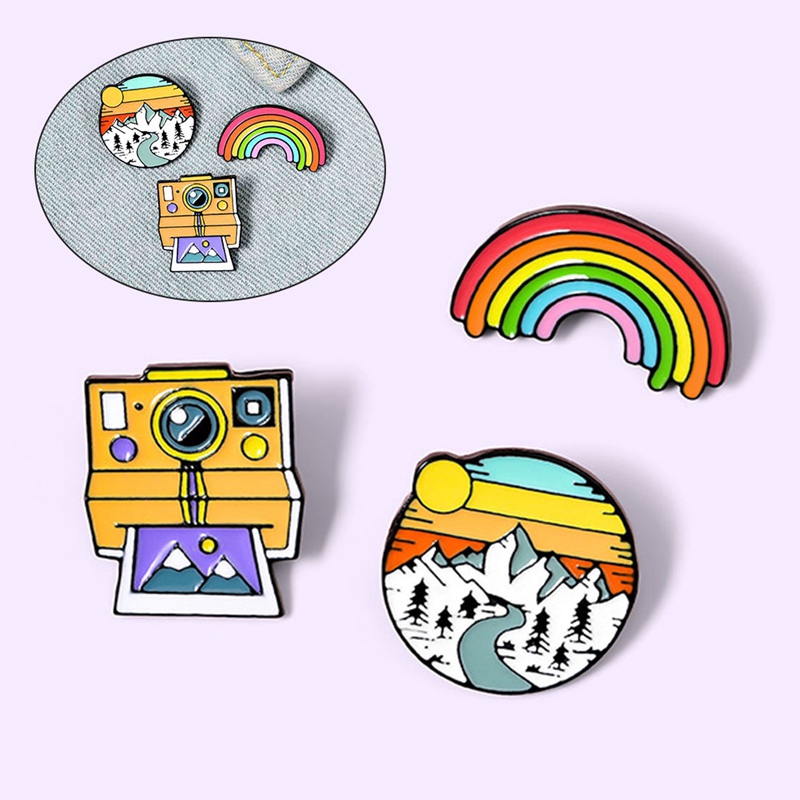 Ghim cài áo trang trí hình dạng cầu vồng/máy ảnh polaroid/họa tiết mặt trời lặn phong cách hoạt hình