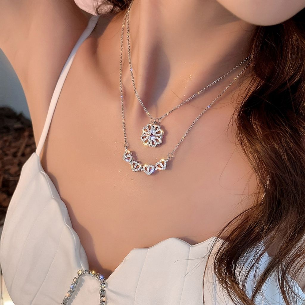 Vòng cổ hợp kim bạc titan Lux Jewelry, dây chuyền nữ cỏ 4 lá đeo 2 kiểu trái tim – LUXJ923