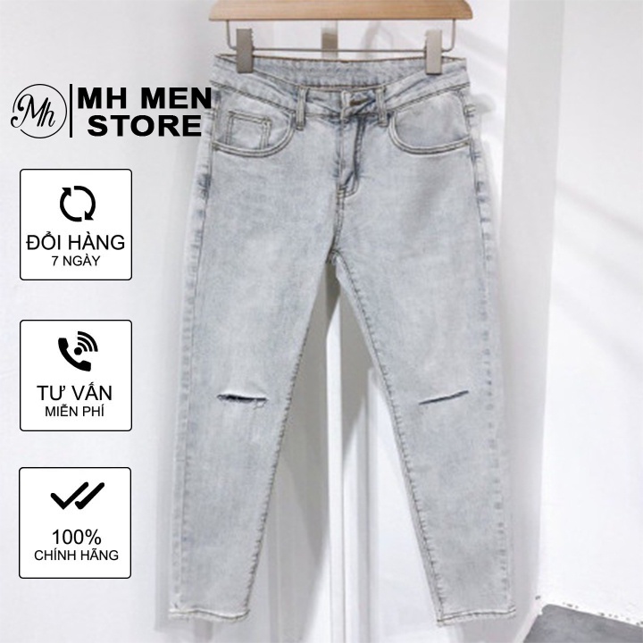 Quần Jean Nam Màu Xám Rách Gối,Quần Bò Nam Nam Rách Gối Vải Co Giãn Phong Cách MH STORE