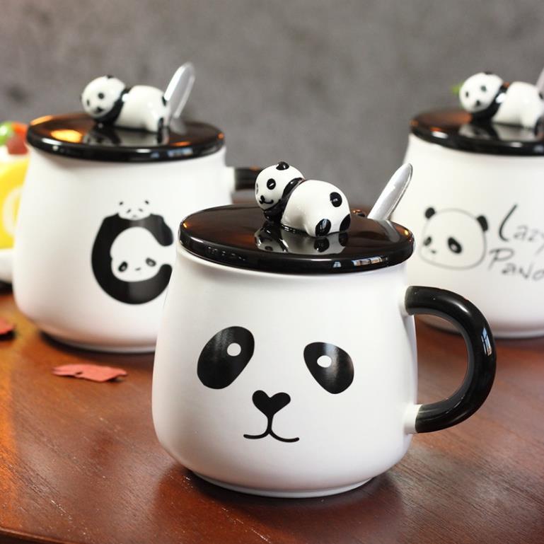 LY CỐC SỨ CẶP ĐÔI CÓ NẮP HÌNH GẤU PANDA CỰC NGỖ NGHĨNH 400ML KÈM THÌA XINH XẮN