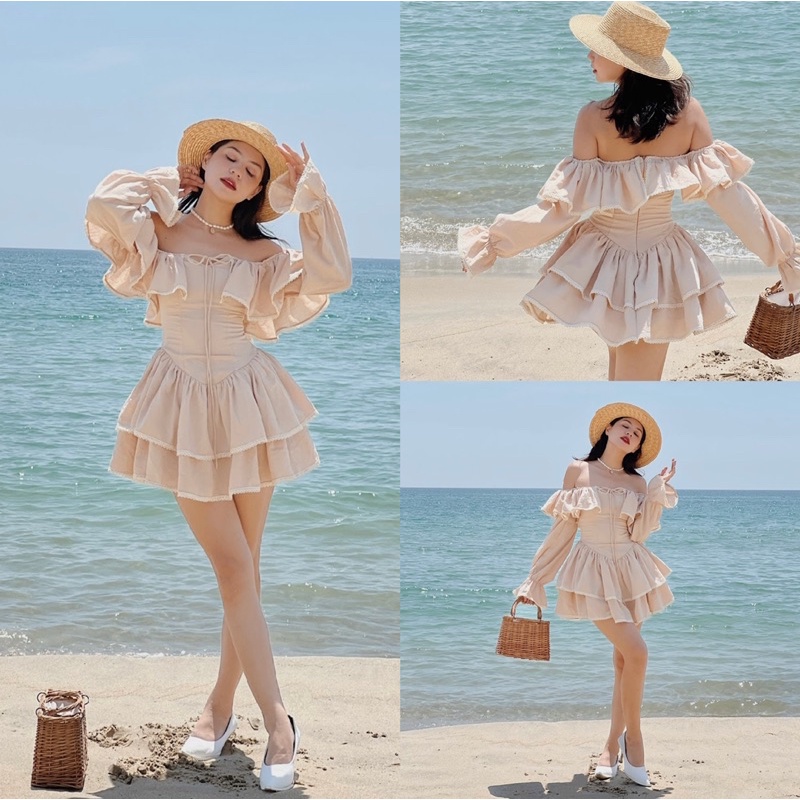 Sandy Dress váy trễ vai màu nâu xoè xếp tầng