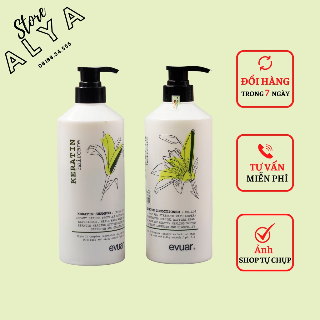 Cặp Dầu Gội Xả KERATIN EVUAR 758ml | Phục Hồi Tóc Hư Tổn, Chống Rụng Tóc | Hàng Chính Hãng