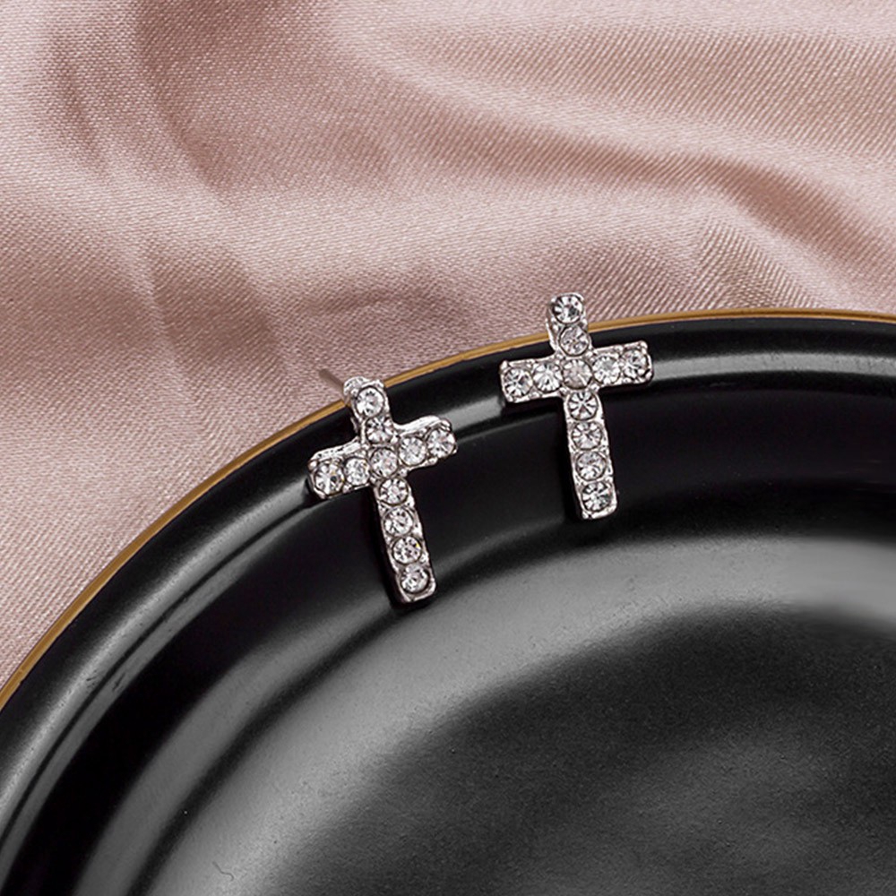 Bông Tai Chữ Thập Đính Pha Lê Màu Bạc Nhỏ Nhắn Dễ Thương Thời Trang Cho Nữ