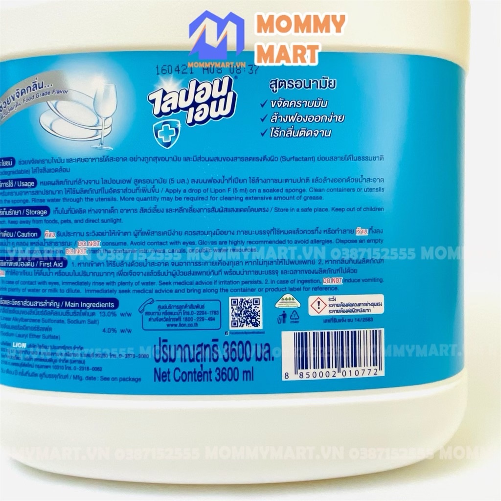 Nước Rửa Bát Thái Lan Lipon Can 3600ml Mẫu mới, Nước rửa chén không mùi an toàn số 1 Mommymart