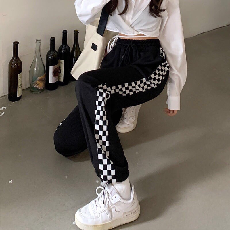 Quần suông có dây rút ống viền Bàn cờ_Quần nam nữ unisex