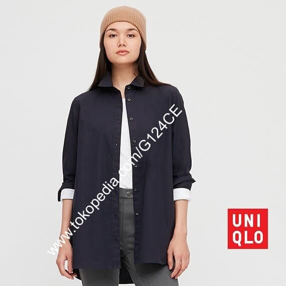 UNIQLO - NỮ- Áo sơ mi nữ cổ đức dáng dài vải cotton Extra Fine