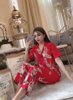 BỘ LỤA SATIN TAY NGẮN CHIM PHƯỢNG