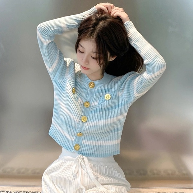 Áo Khoác Cardigan Dệt Kim Mỏng Cổ Tròn Họa Tiết Kẻ Sọc Thời Trang Hàn Quốc Cao Cấp