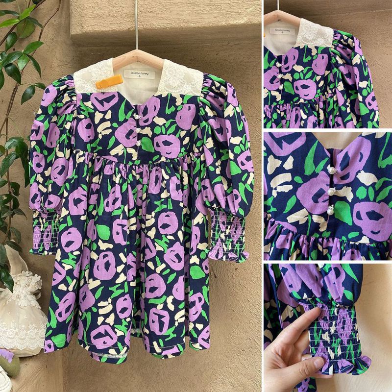 Đầm tay phồng họa tiết hoa phong cách vintage thời trang cho bé gái