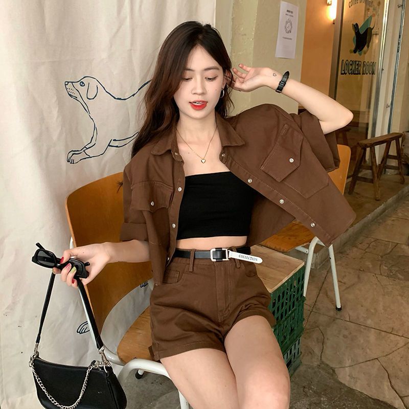 Denim suit women's summer vintage polo collar short-sleeved jacket + fashion wide-leg shorts one piece / two-piece set