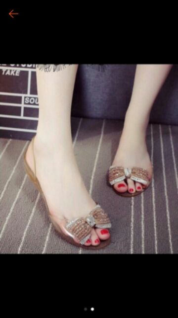 Giày búp bê nhựa trong đi mưa nơ đá vàng phối trắng ,