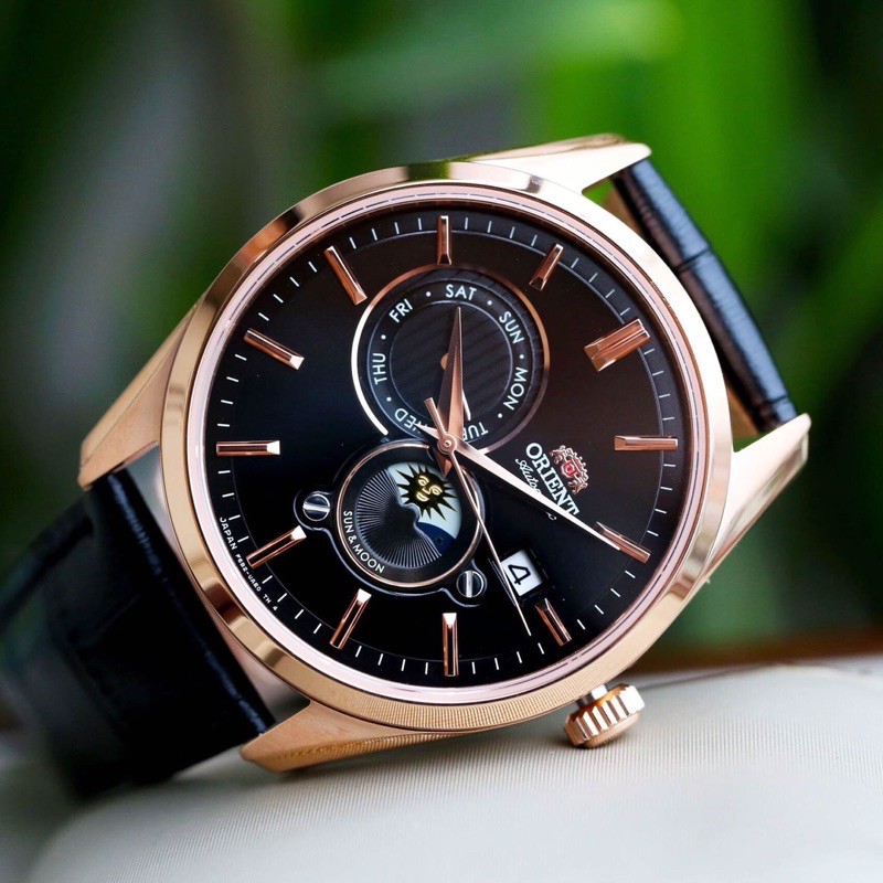 Đồng hồ nam dây da Orient Sun and Moon Gen 5 Black Rose Gold Leather RA AK0304B10B