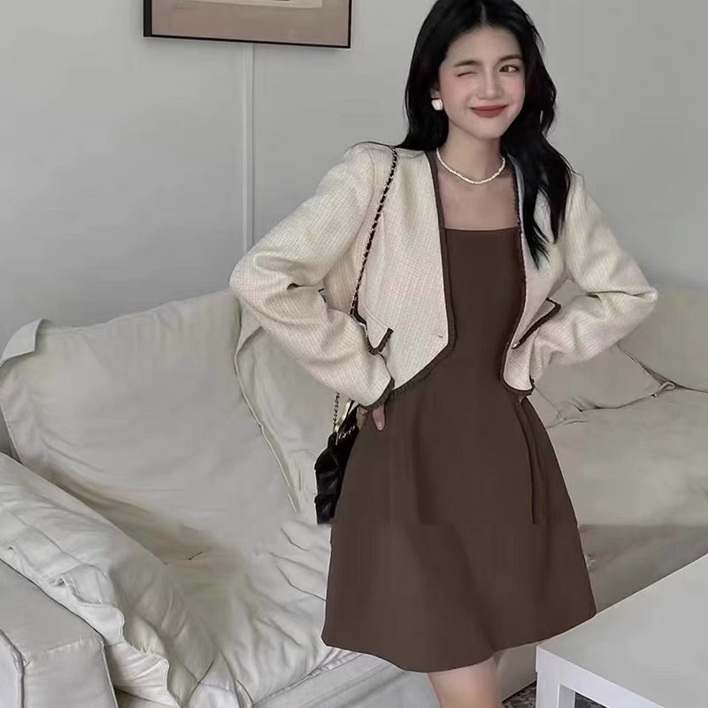 Set váy kèm áo khoác dạ cúc ngọc sang chảnh phong cách tiểu thư