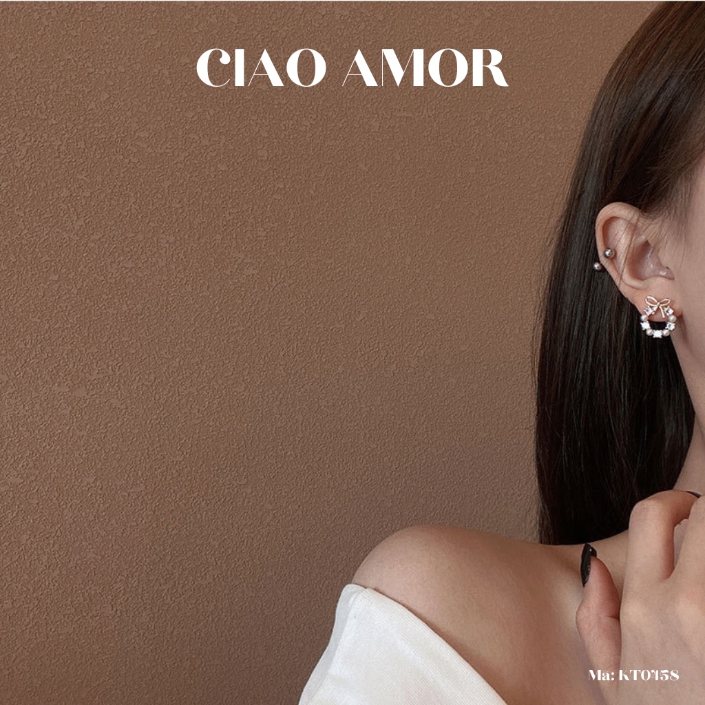 Khuyên tai nữ, Bông tai nữ bạc 925 ôm tai vòng nơ tròn đính đá ngọc nhỏ Trang sức Ciao Amor - KT0458