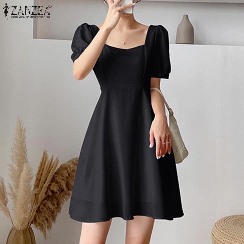 Đầm midi ZANZEA tay phồng cổ vuông có khóa kéo thời trang cho nữ