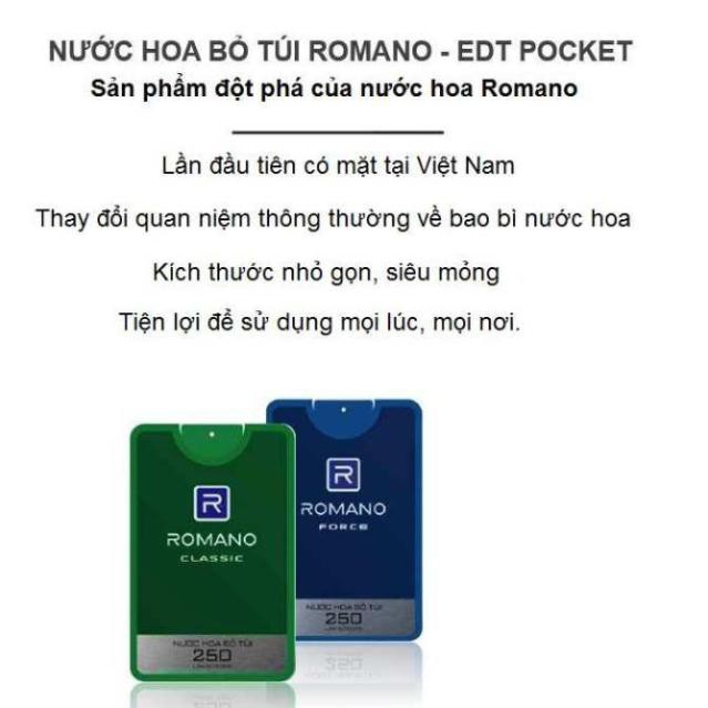 (Hàng KM) Xịt nước hoa bỏ túi Romano 18ml Vip Vision Pasion, Classic, Force, Attitude, Gentleman - 250 lần xịt