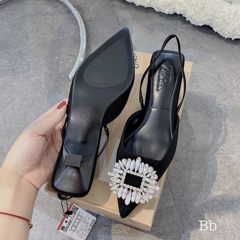 🆘HÀNG VỀ🆘Giày zara hở gót mũi nhọn đính đá hàng đẹp FULLBOX